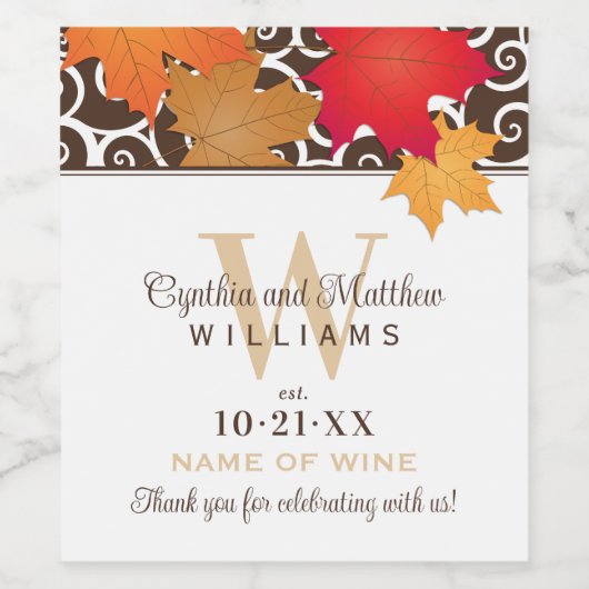Étiquette Pour Bouteilles De Vin Élégant Feuilles d'automne Mariage Monogramme (Étiquettes simples)