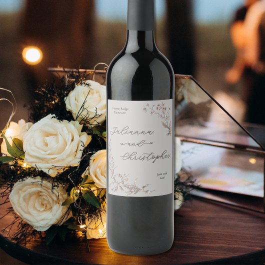 Étiquette Pour Bouteilles De Vin Élégant Fleur sauvage rustique Script Argent