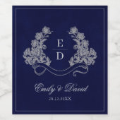 Étiquette Pour Bouteilles De Vin Elegant Floral Crest Navy Wedding Monogram  (Étiquettes simples)