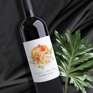 Étiquette Pour Bouteilles De Vin Élégant Floral Orange Automne Citrouille Mariage