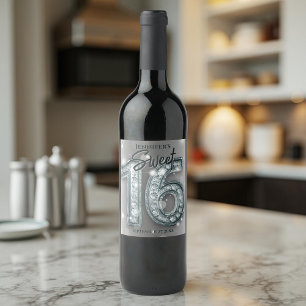 Étiquette Pour Bouteilles De Vin Élégant Glamour Silver et Diamond Sweet 16