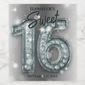 Étiquette Pour Bouteilles De Vin Élégant Glamour Silver et Diamond Sweet 16 (Étiquettes simples)