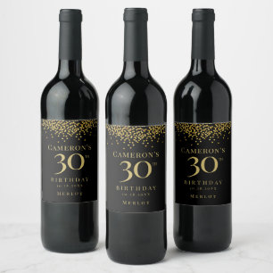 Étiquette Pour Bouteilles De Vin Elégant Gold Confetti noir 30e anniversaire sur me
