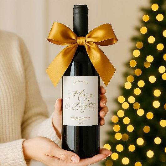 Étiquette Pour Bouteilles De Vin Elegant Gold Script “Merry & Bright” Christmas
