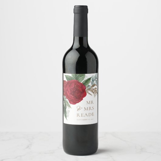 Étiquette Pour Bouteilles De Vin Élégant Gold Script Red Floral Mr & Mrs. (Devant)