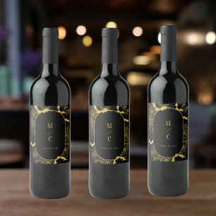 Étiquette Pour Bouteilles De Vin Élégant gothique Floral Mariage Black Gold