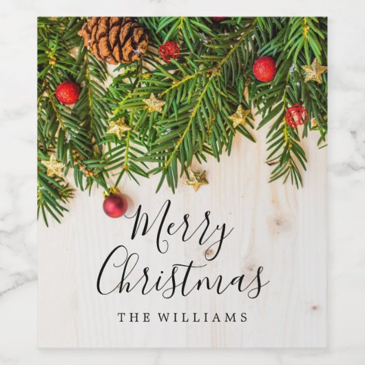 Étiquette Pour Bouteilles De Vin Élégant Joyeux Script de Noël Bois rustique (Étiquettes simples)