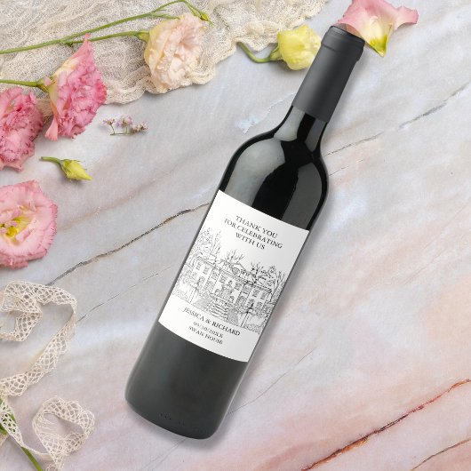 Étiquette Pour Bouteilles De Vin Élégant Manoir Dessiné À La Main Merci Mariage