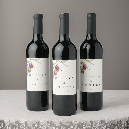 Étiquette Pour Bouteilles De Vin Élégant Mariage de branche d'olive aquarelle