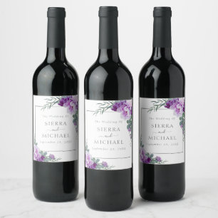 Étiquette Pour Bouteilles De Vin Élégant Mariage d'Eucalyptus Floral Purple & Argen