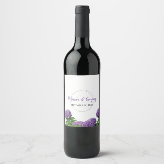 Étiquette Pour Bouteilles De Vin Élégant Mariage d'Hydrangée violette (Devant)