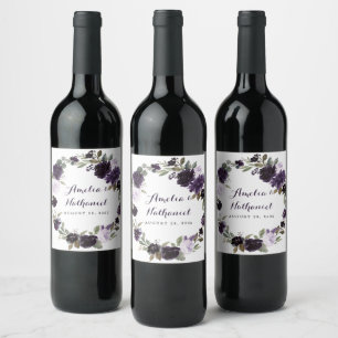 Étiquette Pour Bouteilles De Vin Élégant Mariage floral violet et feuille verte or