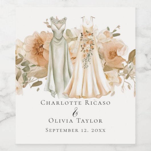 Étiquette Pour Bouteilles De Vin Élégant Mariage gay deux mariées en robe (Étiquettes simples)