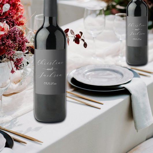 Étiquette Pour Bouteilles De Vin Élégant Mariage Script gris foncé