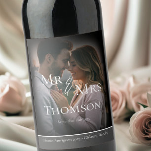 Étiquette Pour Bouteilles De Vin Elégant Mr & Mrs photo gris foncé mariage d'hiver