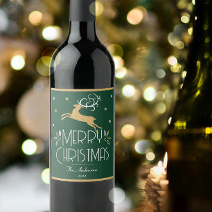 Étiquette Pour Bouteilles De Vin Élégant Noël Reindeer Festive Forêt verte