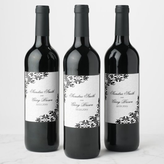 Étiquette Pour Bouteilles De Vin Élégant noir dentelle blanc Damas (Bouteilles)