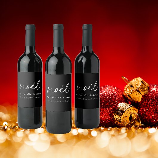 Étiquette Pour Bouteilles De Vin Élégant Noir et Blanc "Noel" Noël