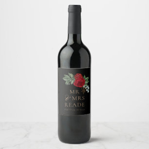 Étiquette Pour Bouteilles De Vin Élégant noir & or Script Rouge Floral