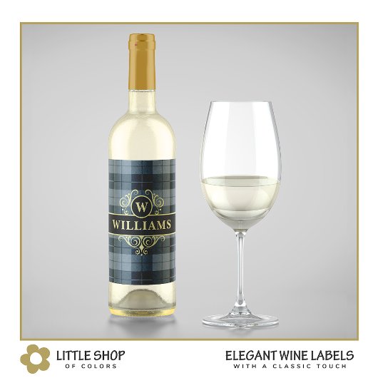 Étiquette Pour Bouteilles De Vin Élégant Noir Plaid Monogramme