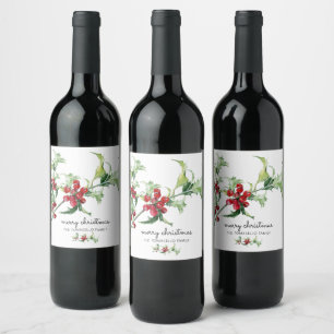 Étiquette Pour Bouteilles De Vin Élégant nom de Noël à l'aquarelle avec houx et bai