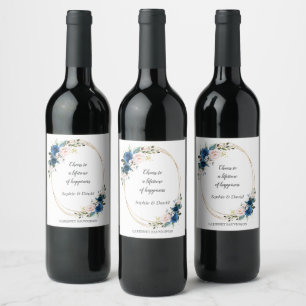 Étiquette Pour Bouteilles De Vin Elégant or Marine bleu rose Fleurs Mariage de fleu