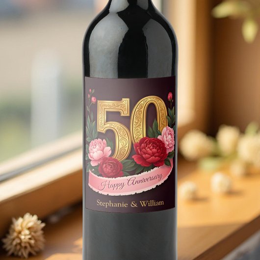 Étiquette Pour Bouteilles De Vin Elégant Peony Bouquet 50e anniversaire de Mariage