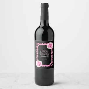 Étiquette Pour Bouteilles De Vin Élégant rose rose florale noir Joyeux anniversaire