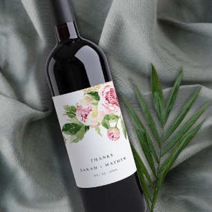 Étiquette Pour Bouteilles De Vin Elégant rose vert pivoine Floral Merci Mariage
