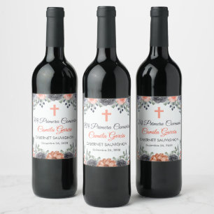 Étiquette Pour Bouteilles De Vin Élégant saumon couleur première communion en espag