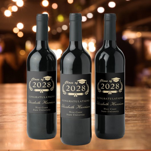 Étiquette Pour Bouteilles De Vin Élégant Script Black Gold Party Graduation