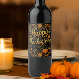 Étiquette Pour Bouteilles De Vin Élégant Script Or Joyeux Thanksgiving Automne