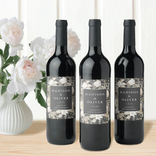Étiquette Pour Bouteilles De Vin Élégant Terreux Floral Gris Foncé Mariage