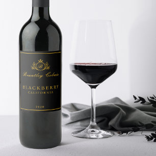 Étiquette Pour Bouteilles De Vin Élégant Vin Monogramme Vintage Or Étiquette Noire