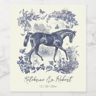 Étiquette Pour Bouteilles De Vin Elégant Vintage Chic Blue Horse Toile Mariage