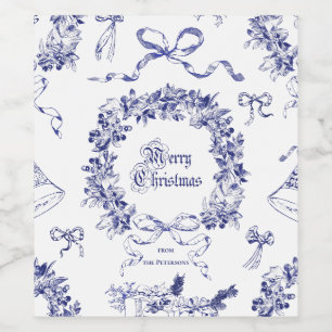 Étiquette Pour Bouteilles De Vin Élégant Vintage Joyeux Noël Blue Wreath Bows