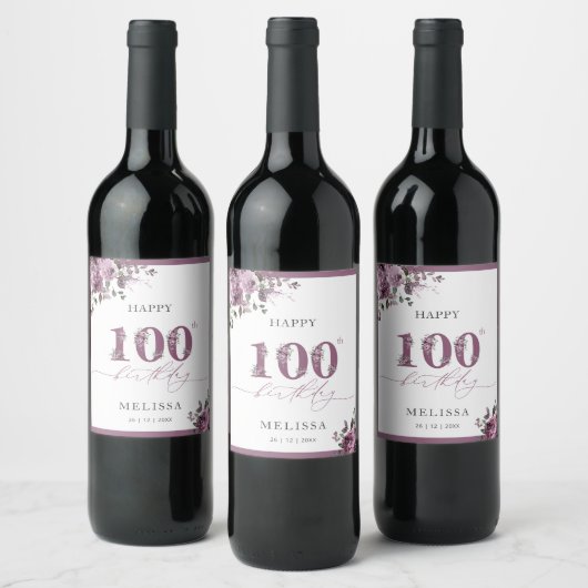 Étiquette Pour Bouteilles De Vin Élégant violet fleuri 100e anniversaire (Bouteilles)