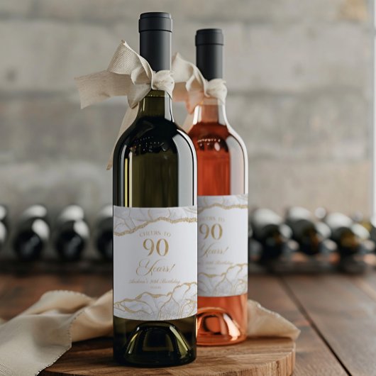 Étiquette Pour Bouteilles De Vin Elegant White Gold Agate 90th Birthday Party