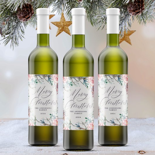 Étiquette Pour Bouteilles De Vin Elégante aquarelle Botanique Joyeux Noël