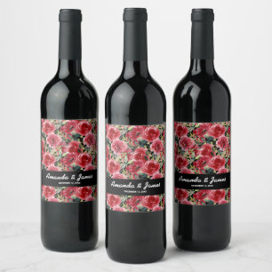 Étiquette Pour Bouteilles De Vin Elégante aquarelle Fleurs rouges Mariage noir