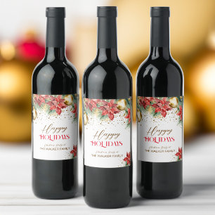 Étiquette Pour Bouteilles De Vin Elégante aquarelle or rouge poinsettia Noël