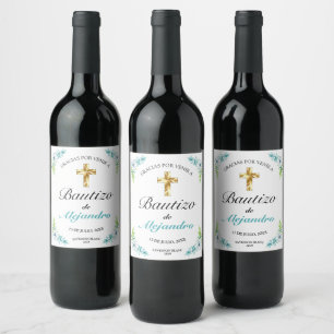 Étiquette Pour Bouteilles De Vin Elegante Azul Floral Oro Cruz Bautismo Gracias