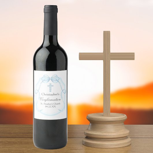 Étiquette Pour Bouteilles De Vin Élégante Bleu Ruban Bow Confirmation Party