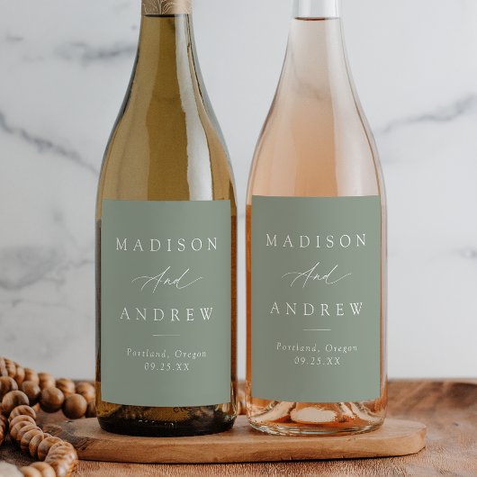 Étiquette Pour Bouteilles De Vin Élégante calligraphie Sage Green Mariage