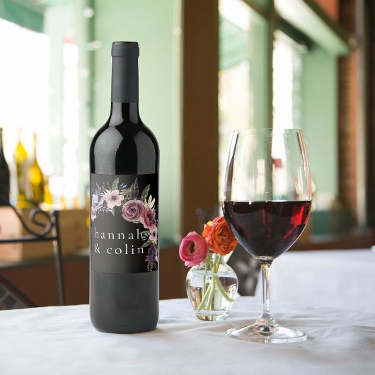 Étiquette Pour Bouteilles De Vin Elégante Cascade florale foncée Noir Bourgogne