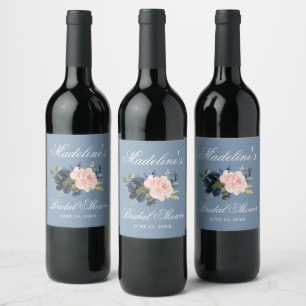 Étiquette Pour Bouteilles De Vin Elégante Fête des mariées florale bleu rose Dusty