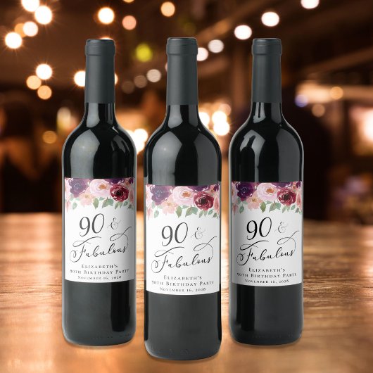 Étiquette Pour Bouteilles De Vin Elégante fête florale 90e anniversaire