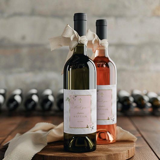 Étiquette Pour Bouteilles De Vin Élégante Fleurs Roses Baptême Or