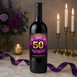 Étiquette Pour Bouteilles De Vin Élégante Fleurs violettes 50e anniversaire de Mari