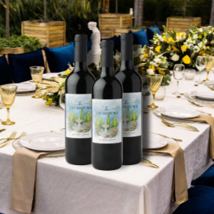 Étiquette Pour Bouteilles De Vin Elégante Fontaine fleurs colombes Mariage Luxe